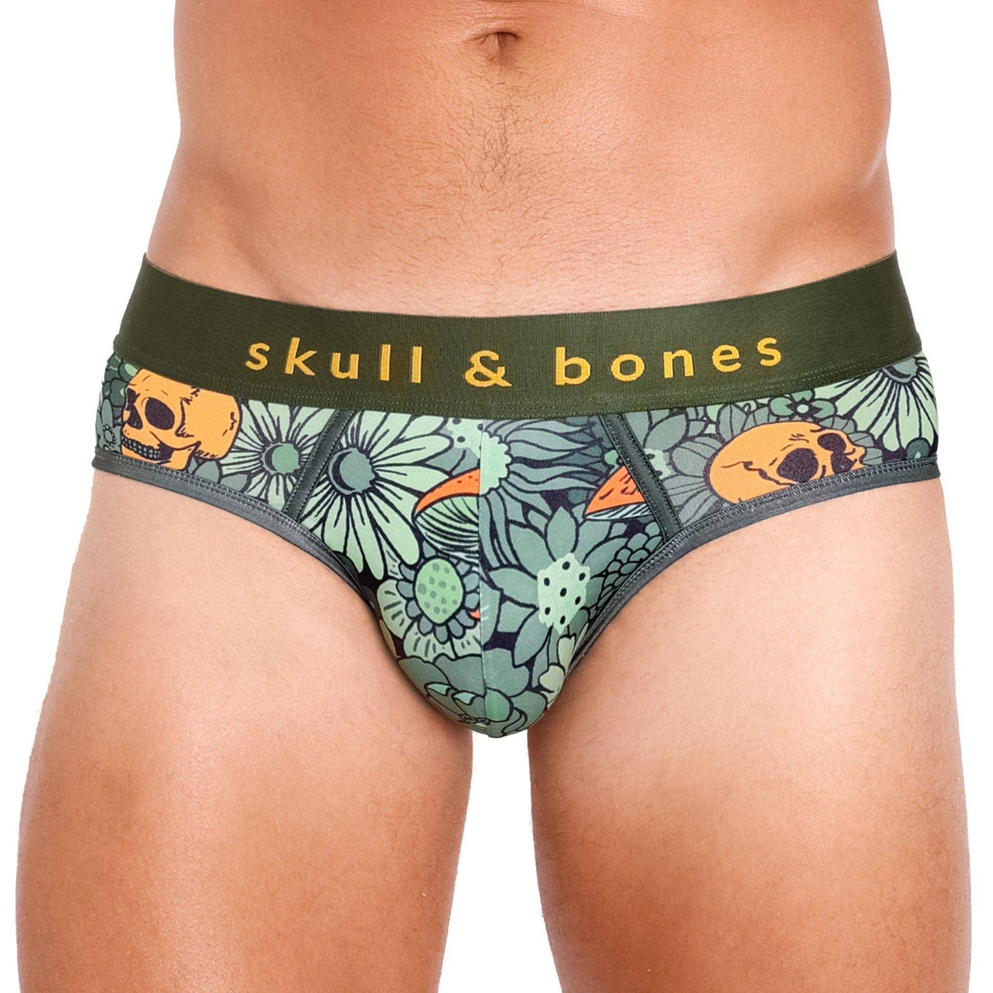 SKULL & BONES - Groovy Floral Mushroom Brief Army Green