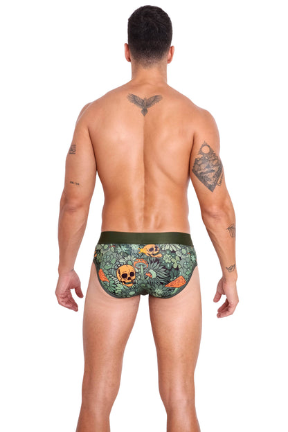 SKULL & BONES - Groovy Floral Mushroom Brief Army Green