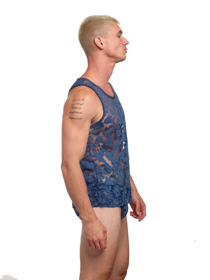 SKULL & BONES - Dutch Floral Burnout Tank Top Blue