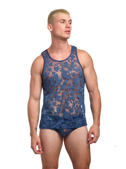 SKULL & BONES - Dutch Floral Burnout Tank Top Blue