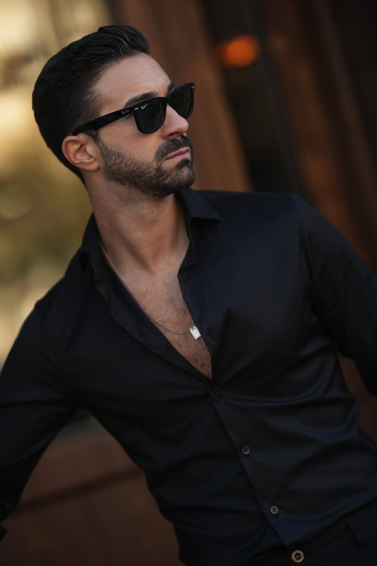 DONATO - Black Elastic Slim Fit Button Down Dress Casual Long Sleeve Shirt