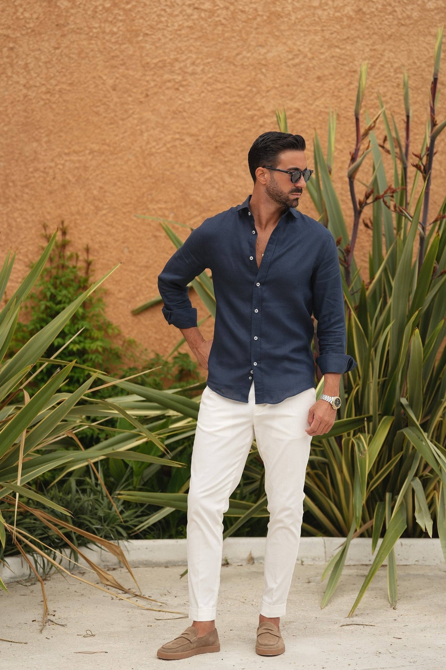 DANATO - Navy Linen Button Down Shirt Casual Stylish Long Sleeve