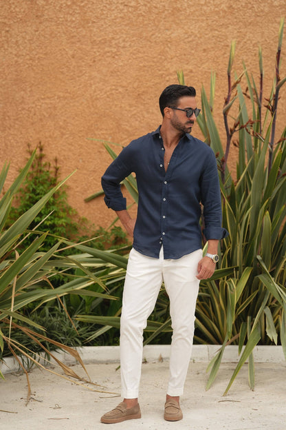 DANATO - Navy Linen Button Down Shirt Casual Stylish Long Sleeve