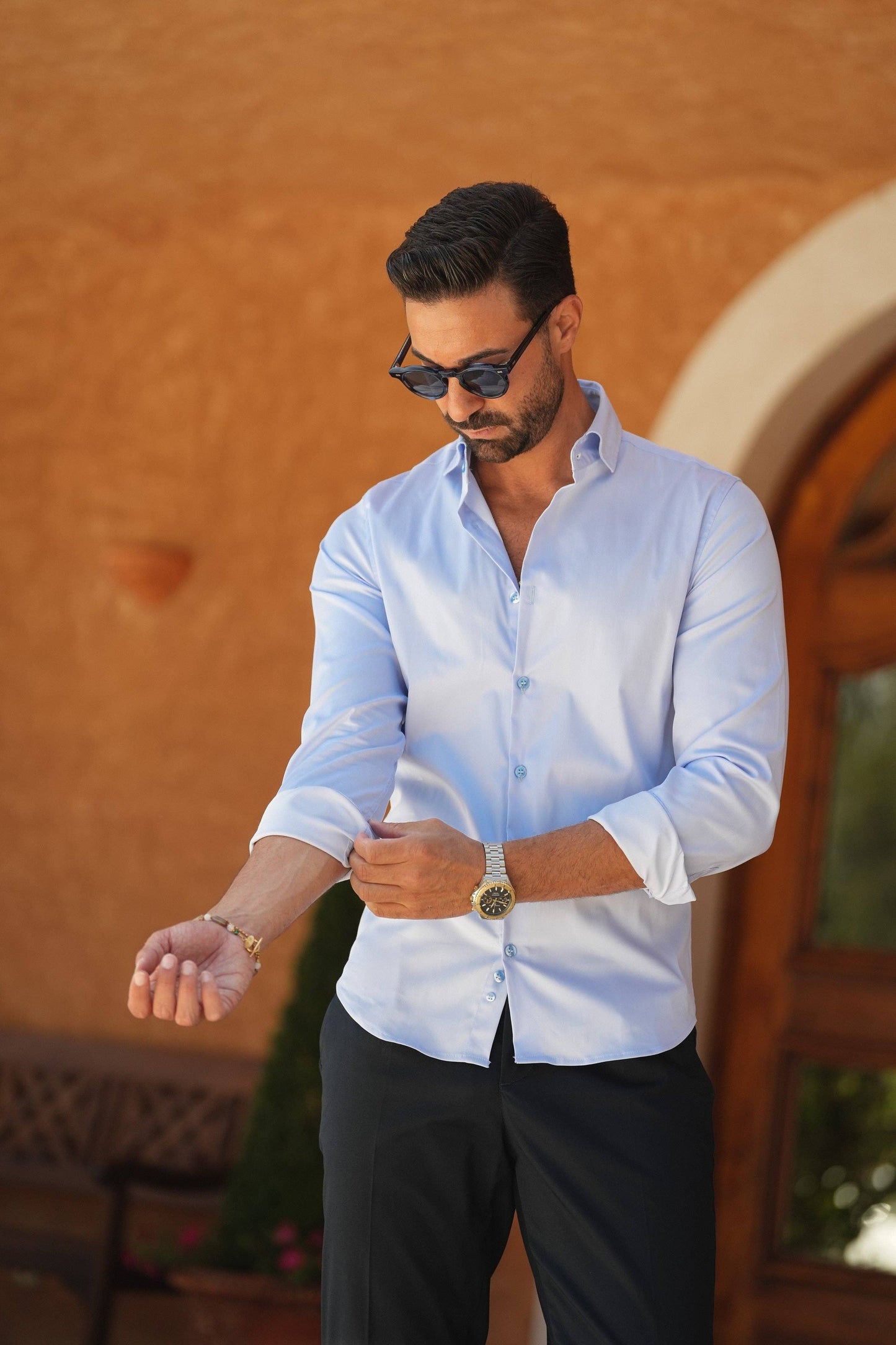 DANATO - Blue Ice Elastic Slim Fit Button Down Shirt Casual Stylish Long Sleeve
