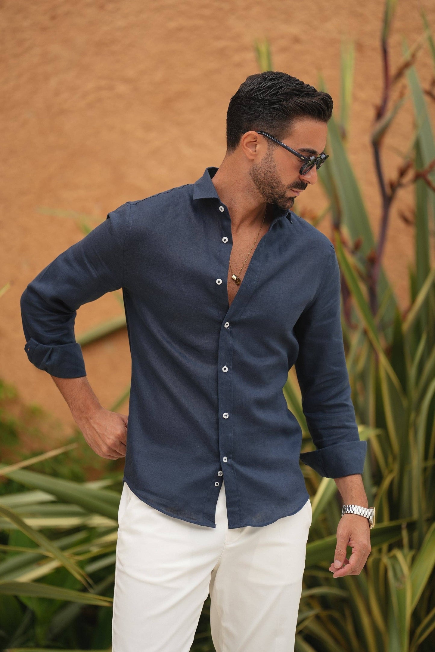 DANATO - Navy Linen Button Down Shirt Casual Stylish Long Sleeve
